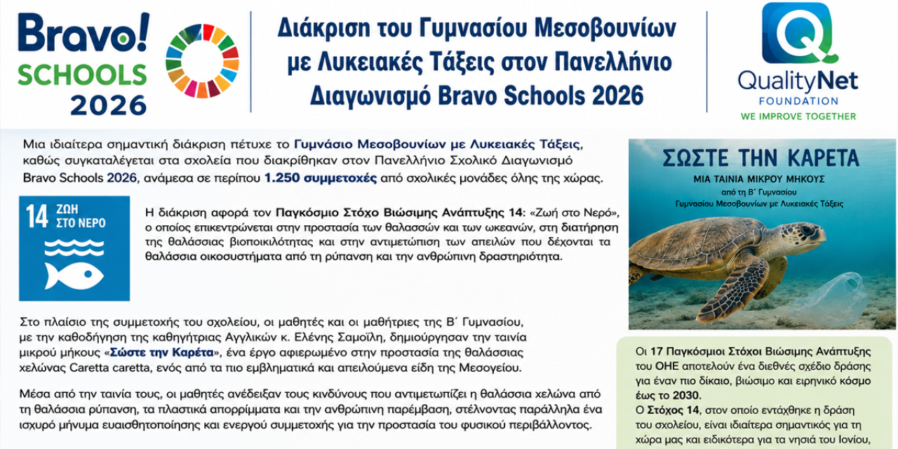 Διάκριση του Γυμνασίου Μεσοβουνίων με Λυκειακές Τάξεις στον Διαγωνισμό Bravo Schools 2026